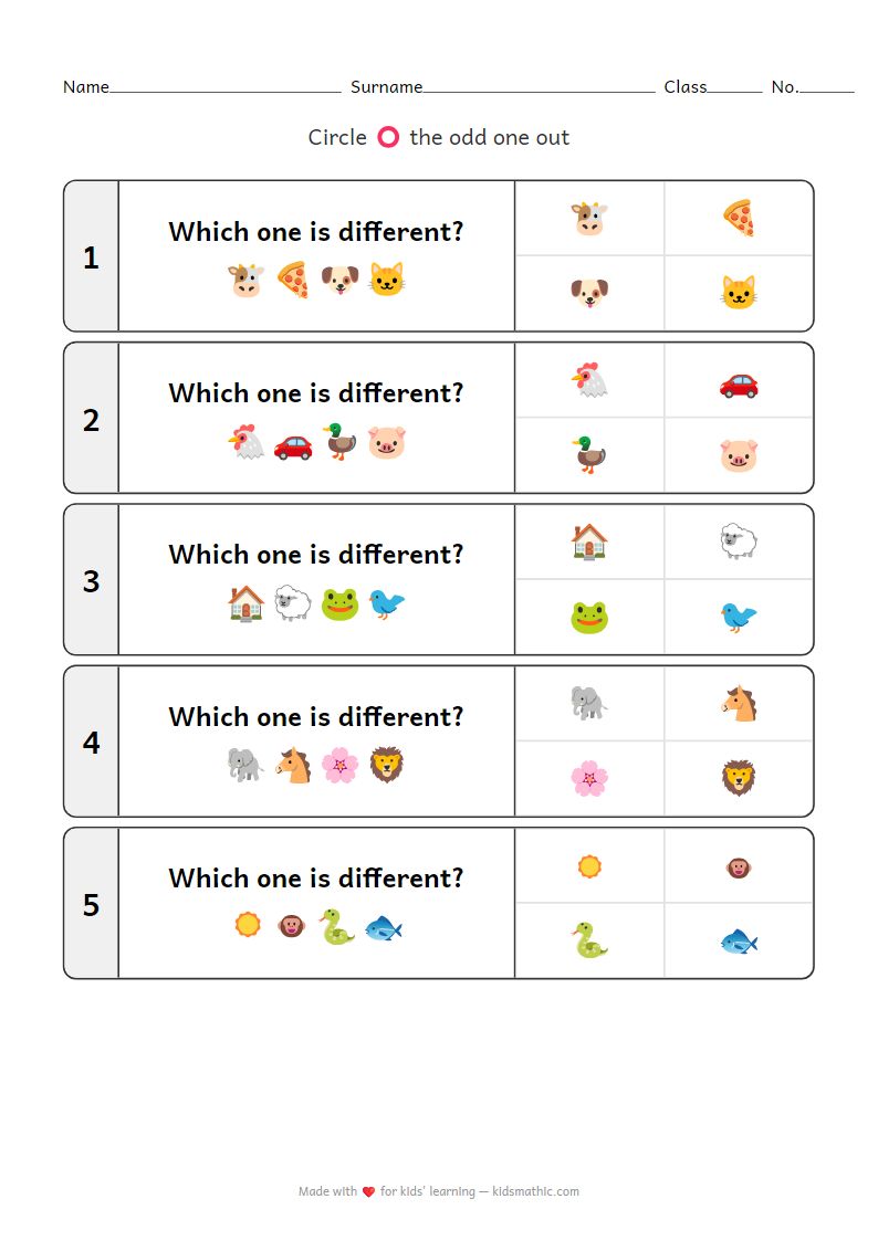 Odd One Out Worksheet: Animals and Objects for Kindergarten