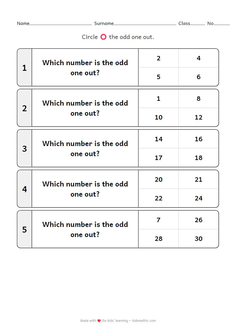 Odd One Out Even and Odd Numbers Worksheet for Preschoolers