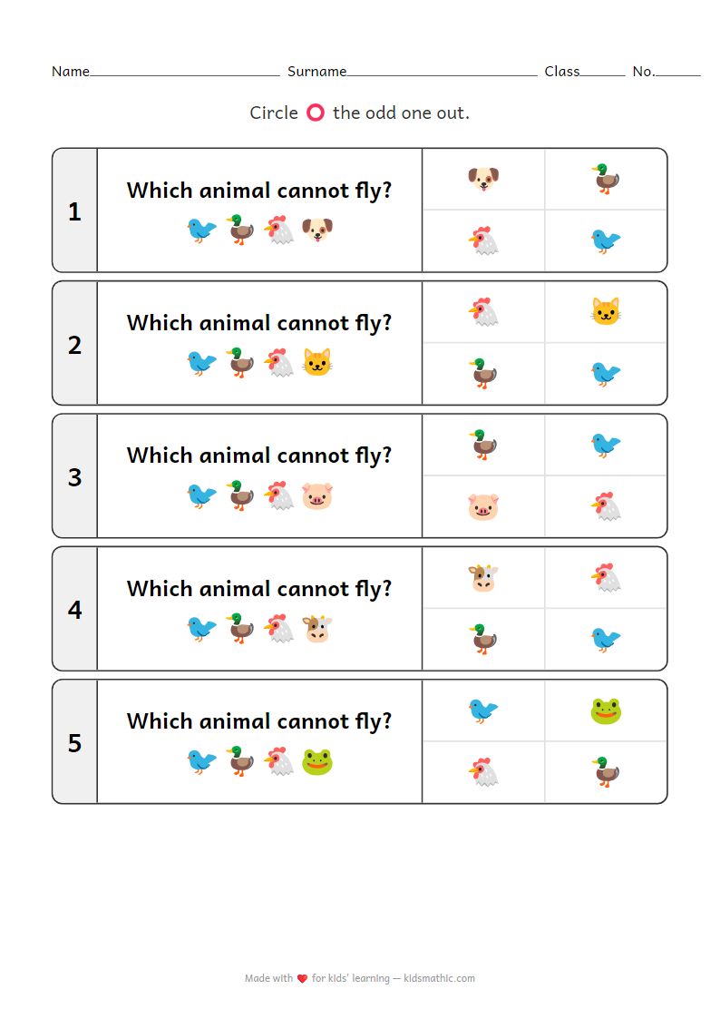 Odd One Out Worksheet: Flying vs Non-Flying Animals for Preschoolers