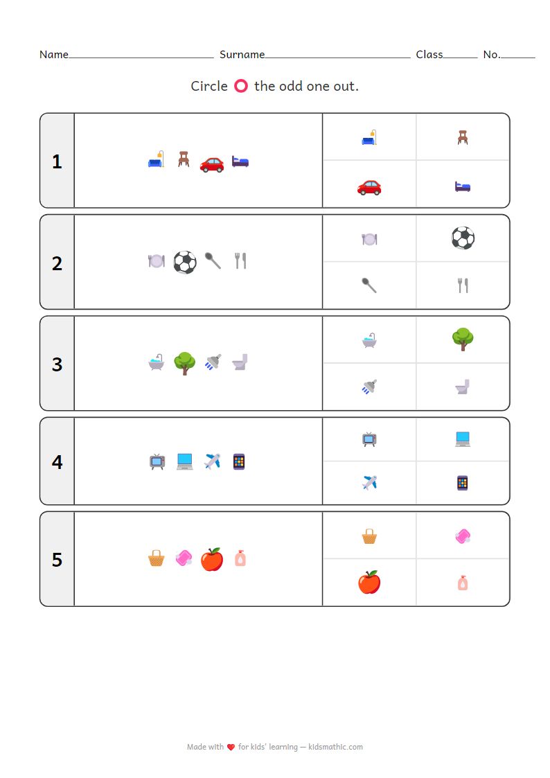 Odd One Out Household Items Worksheet for Preschool Kids