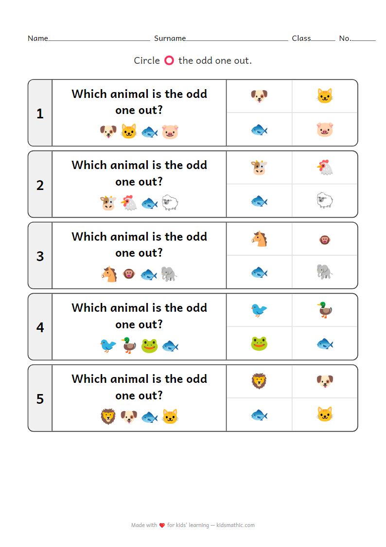 Odd One Out Worksheet: Land and Water Animals for Preschoolers