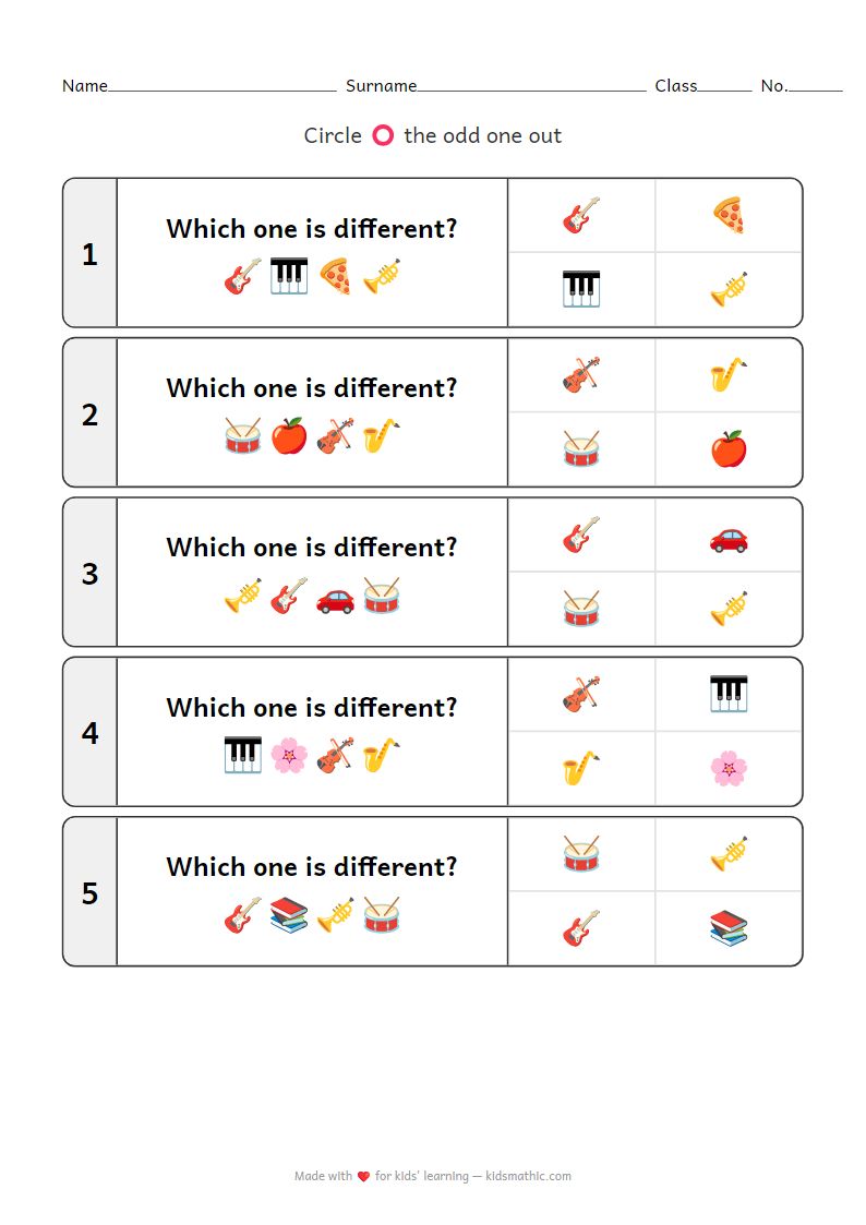 Musical Instruments Odd One Out Worksheet for Preschoolers
