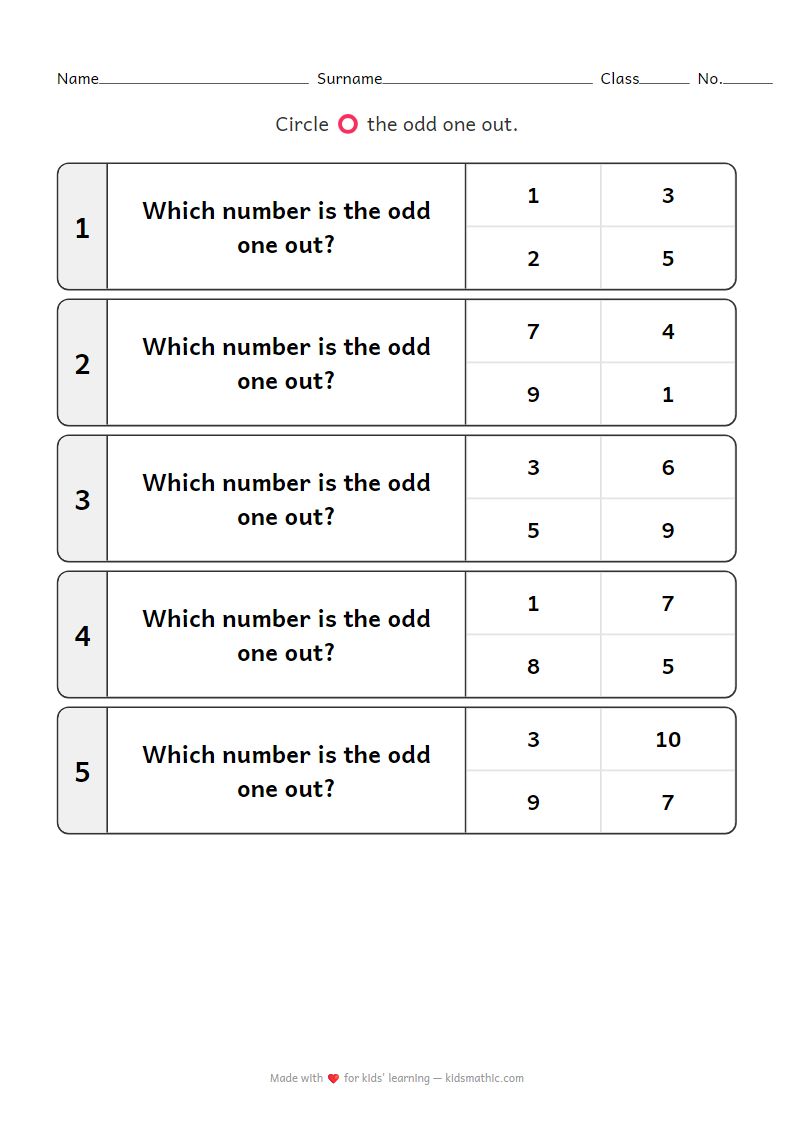 Odd One Out Worksheet: Odd and Even Numbers for Preschoolers