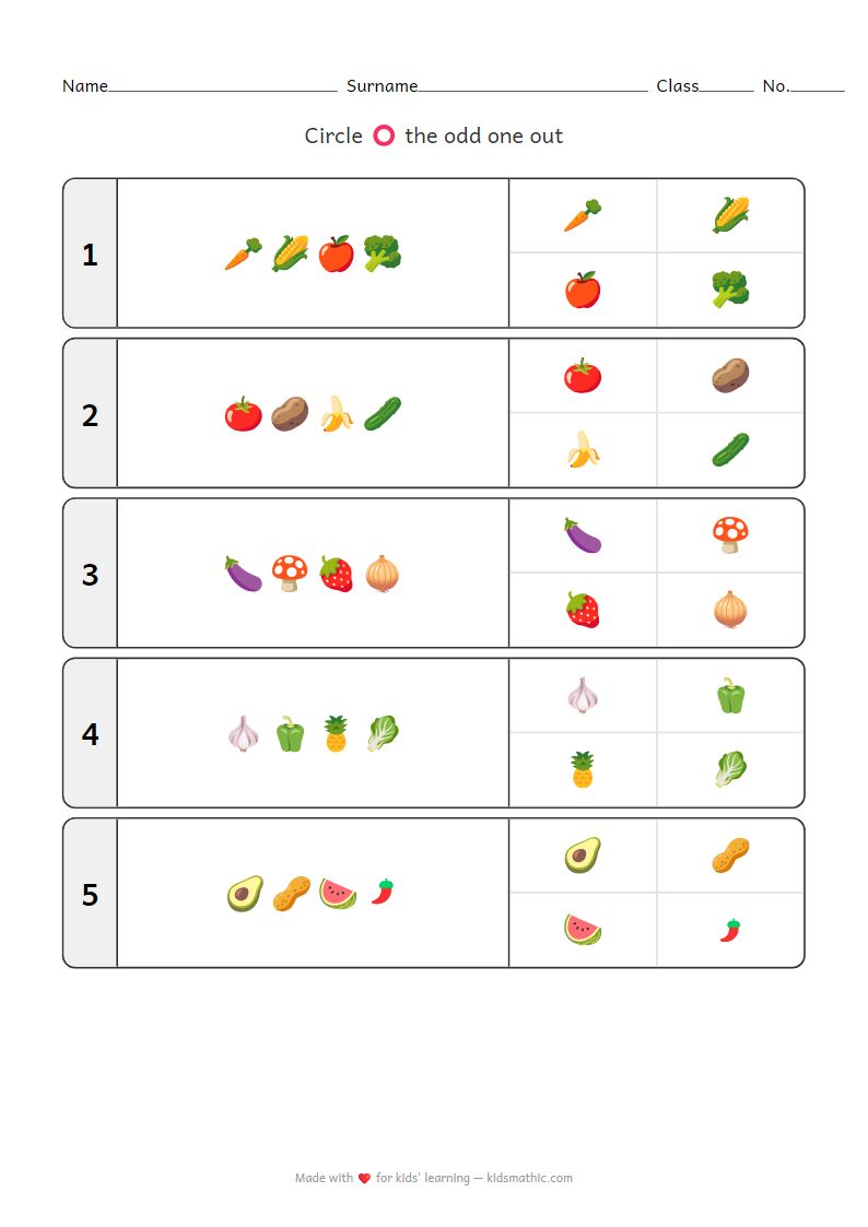Odd One Out Worksheet: Vegetables and Fruits for Preschoolers