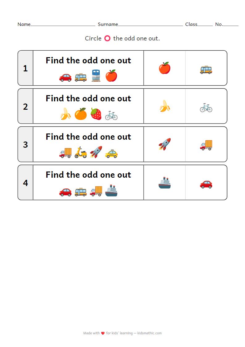 Odd One Out Worksheet for Preschoolers