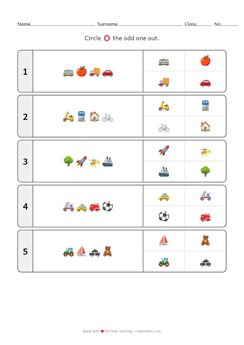 Odd One Out Vehicles Worksheet for Preschoolers