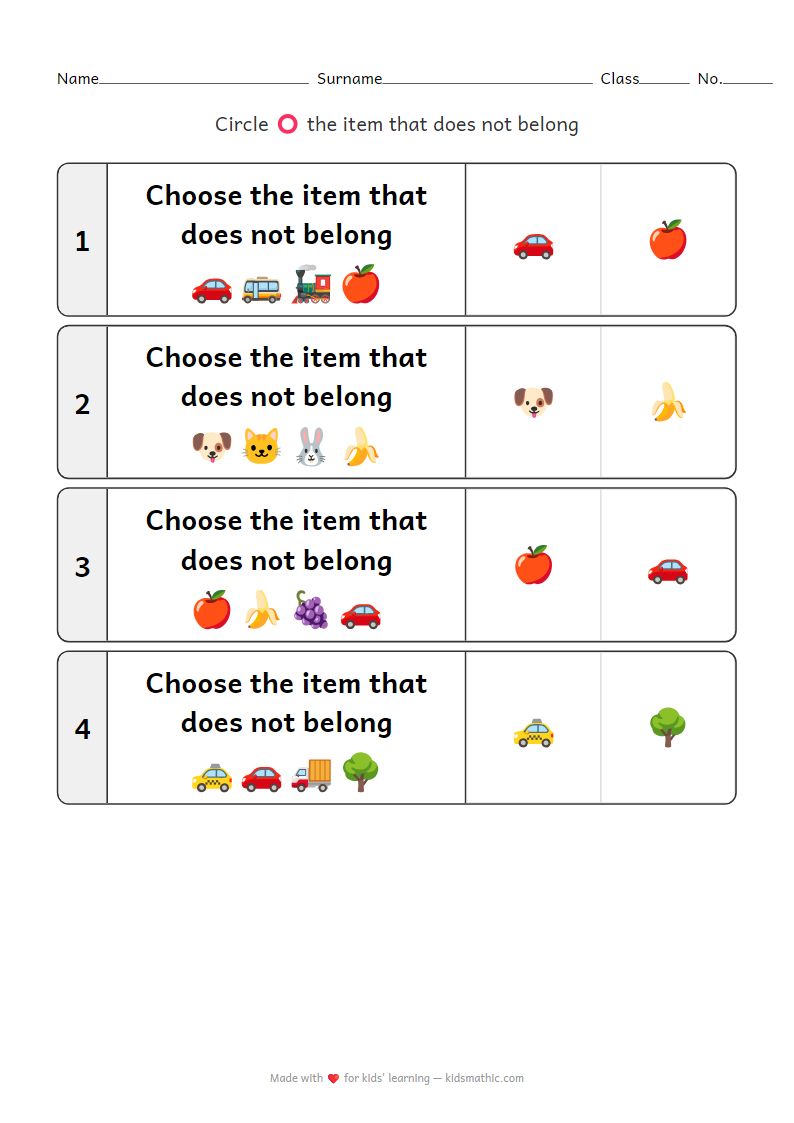 Odd One Out Worksheet for Kids