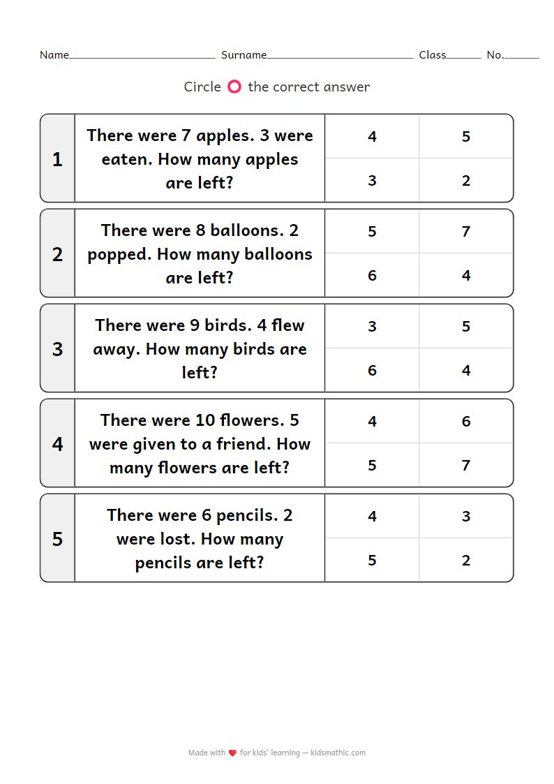 Simple Subtraction Worksheet for Preschoolers
