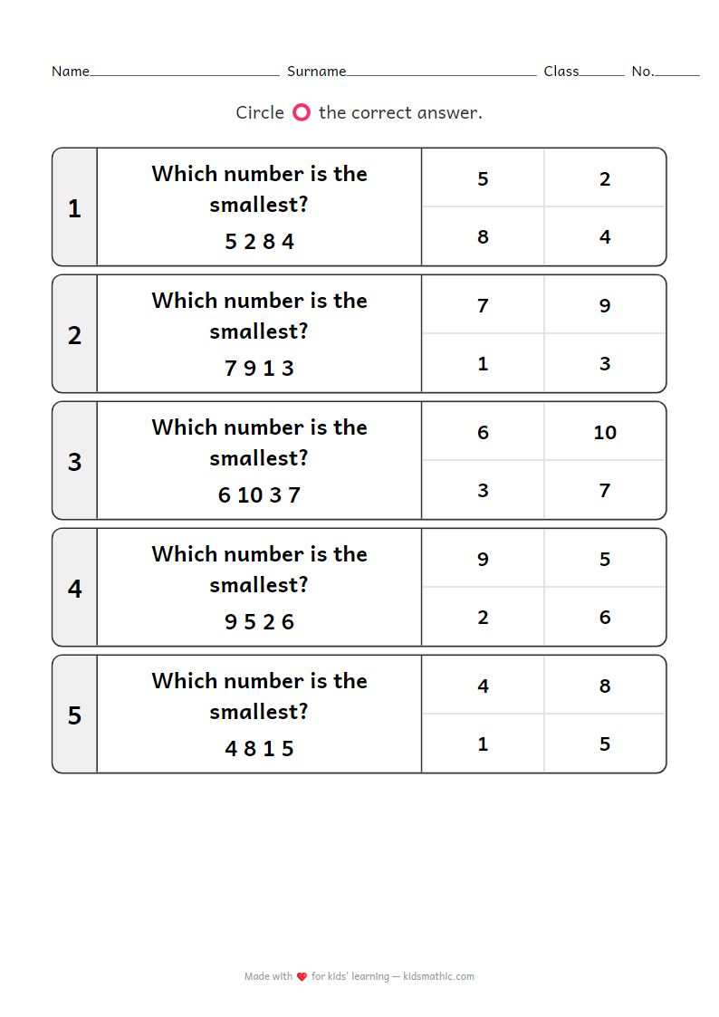 Smallest Number Identification Worksheet for Kindergarten