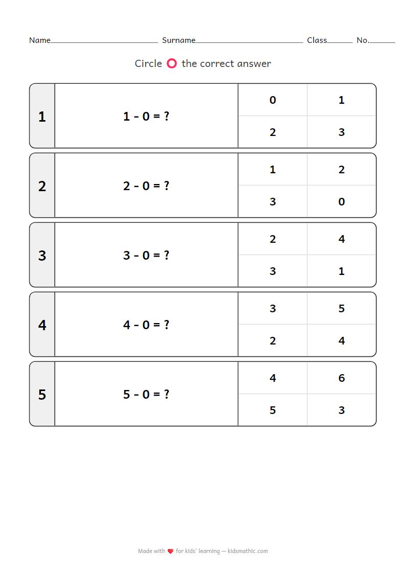 Math Worksheet: Subtraction with Zero for Pre-K Kids