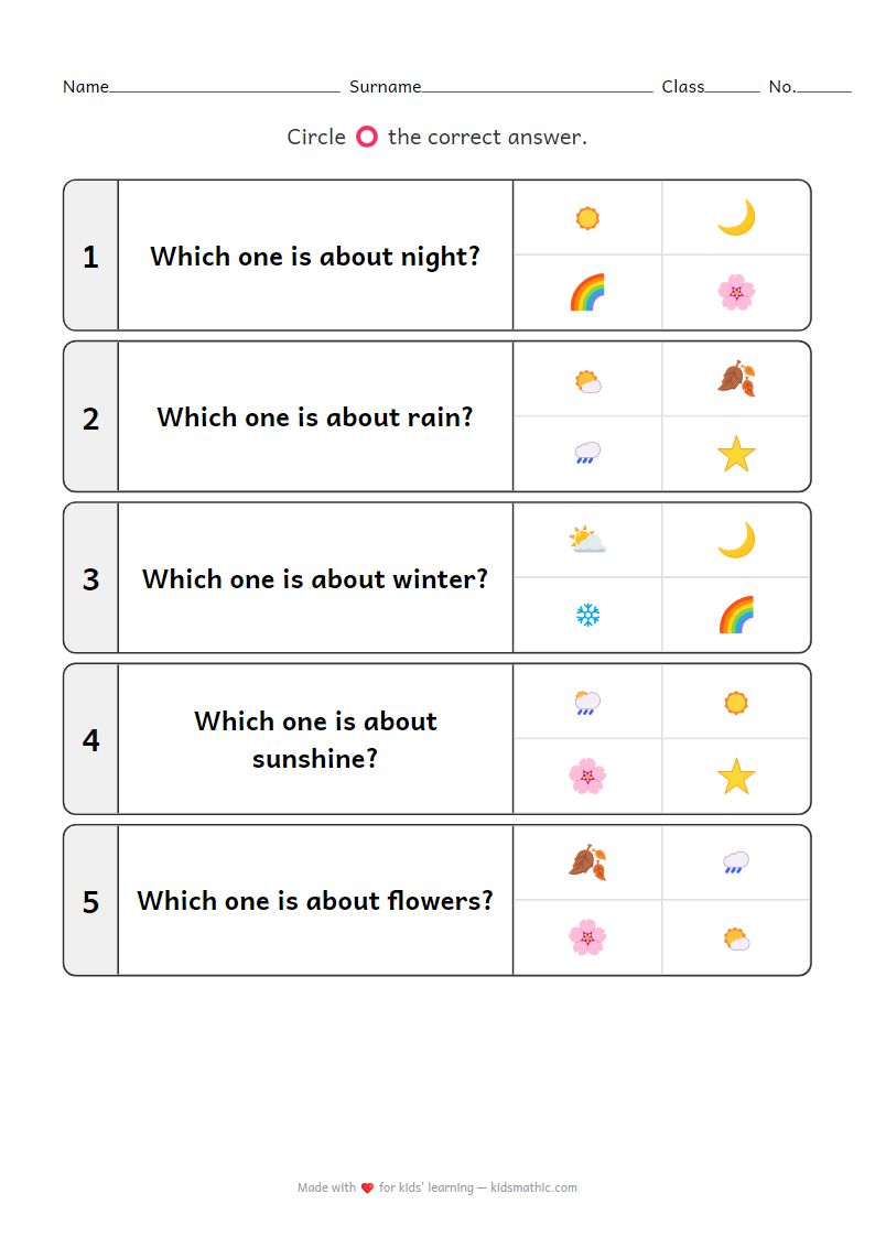 Time and Nature Matching Worksheet for Preschoolers