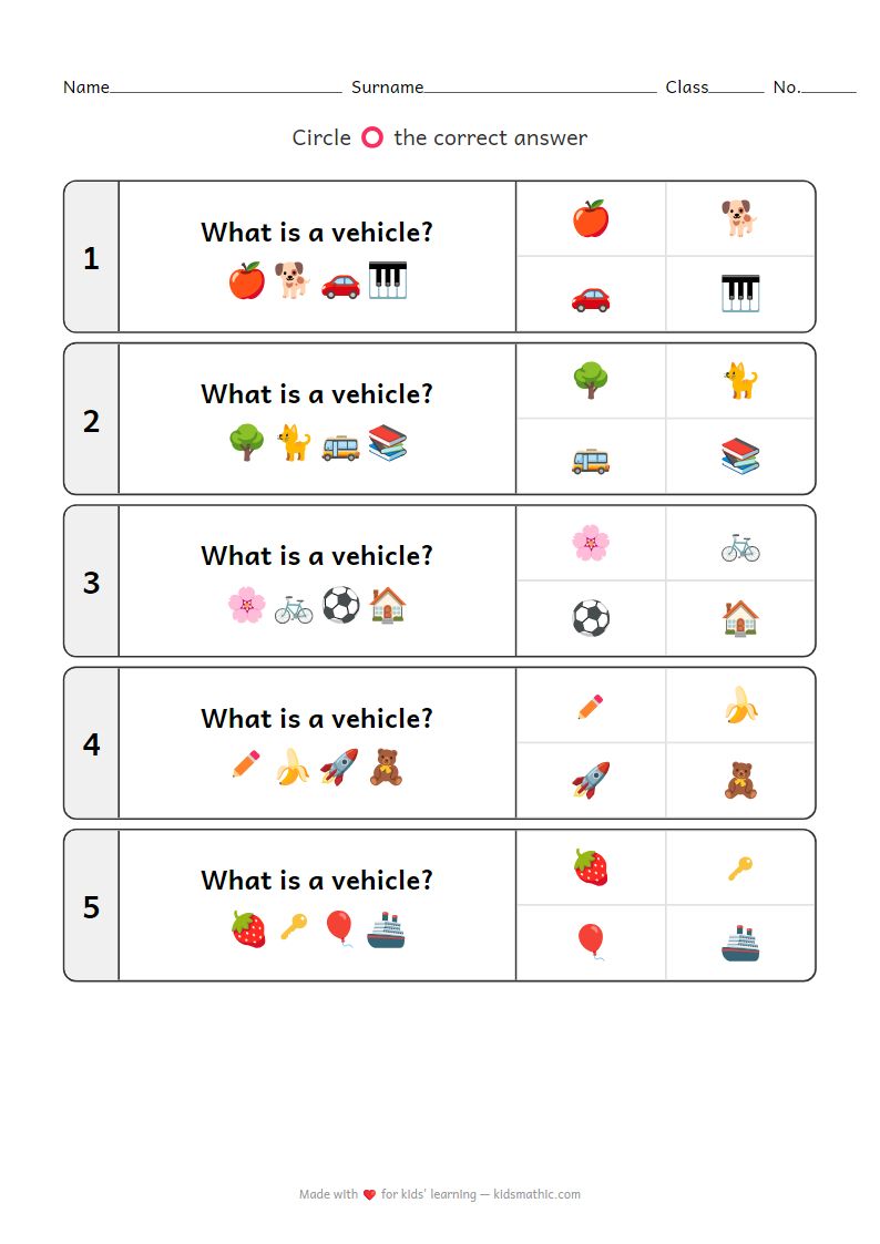 Vehicle Classification Worksheet for Preschoolers