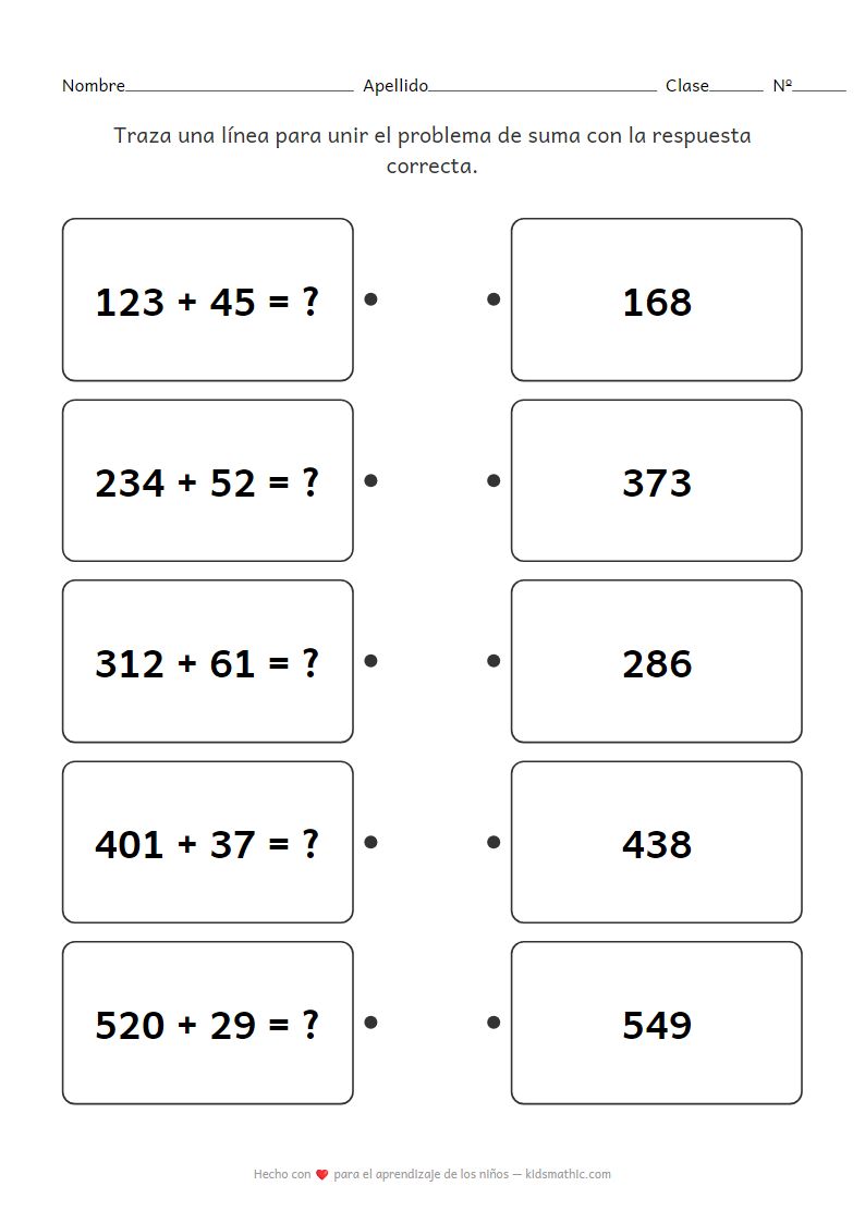 Ficha de Trabajo de Emparejamiento: Suma de 3 y 2 Dígitos para Preescolar