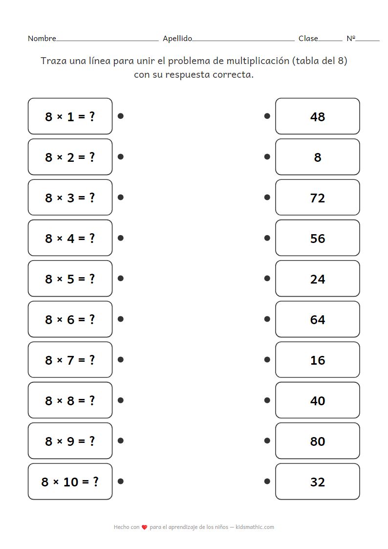 Ficha de trabajo para unir la tabla del 8 para preescolares