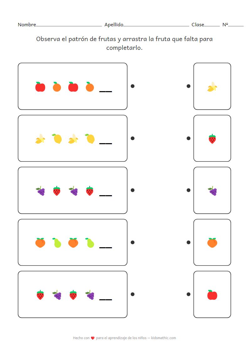 Hoja de trabajo de patrones de frutas AB para preescolares: Habilidades de observación