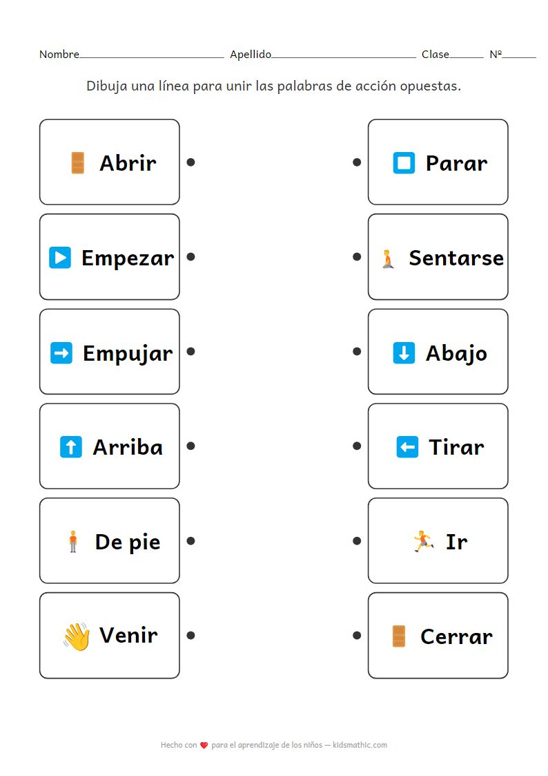 Hoja de trabajo de emparejamiento de verbos opuestos para preescolar
