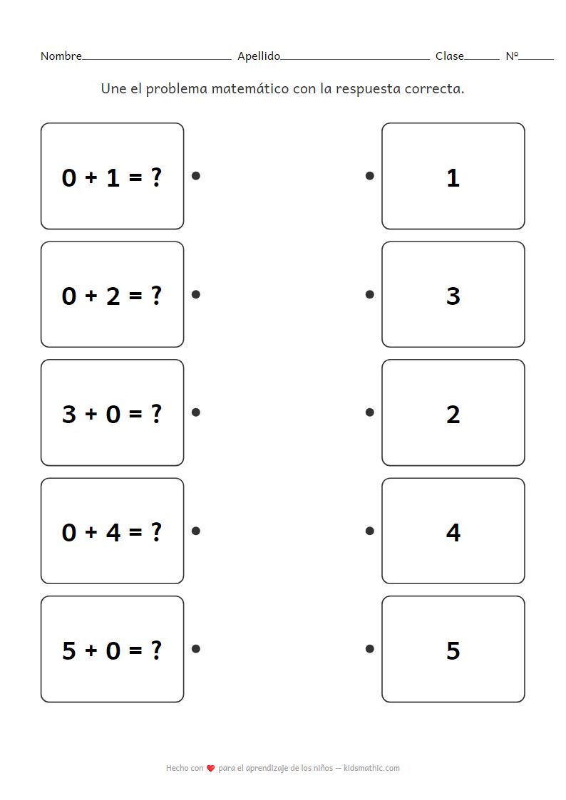 Hoja de trabajo de emparejamiento de suma cero para preescolar