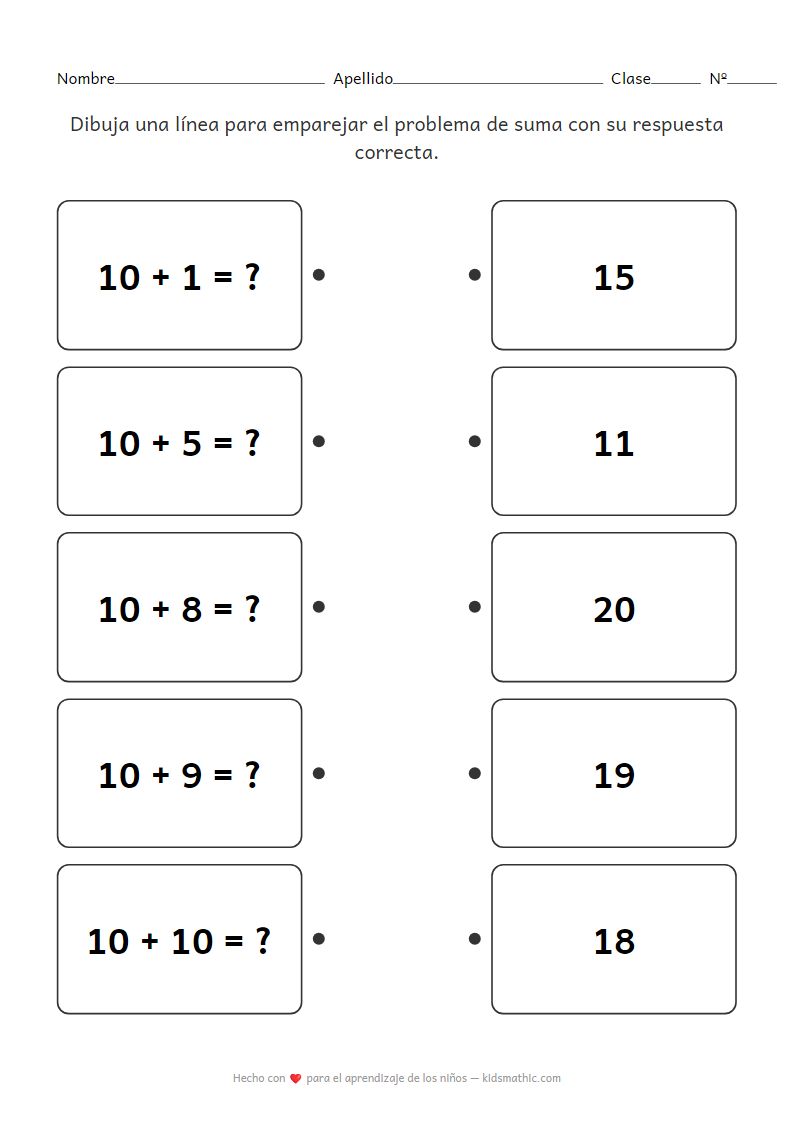 Hoja de Trabajo de Matemáticas para Jardín de Infantes: Emparejar Sumas con 10