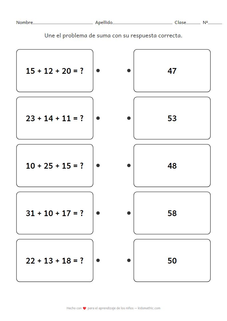 Ficha de Sumas: Unir 3 Números de Dos Dígitos con Respuestas para 2º Primaria