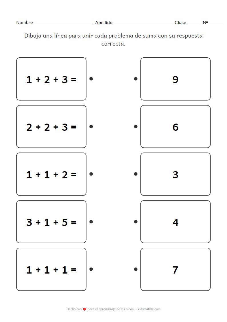 Hoja de trabajo de emparejamiento de sumas (3 números) para preescolares
