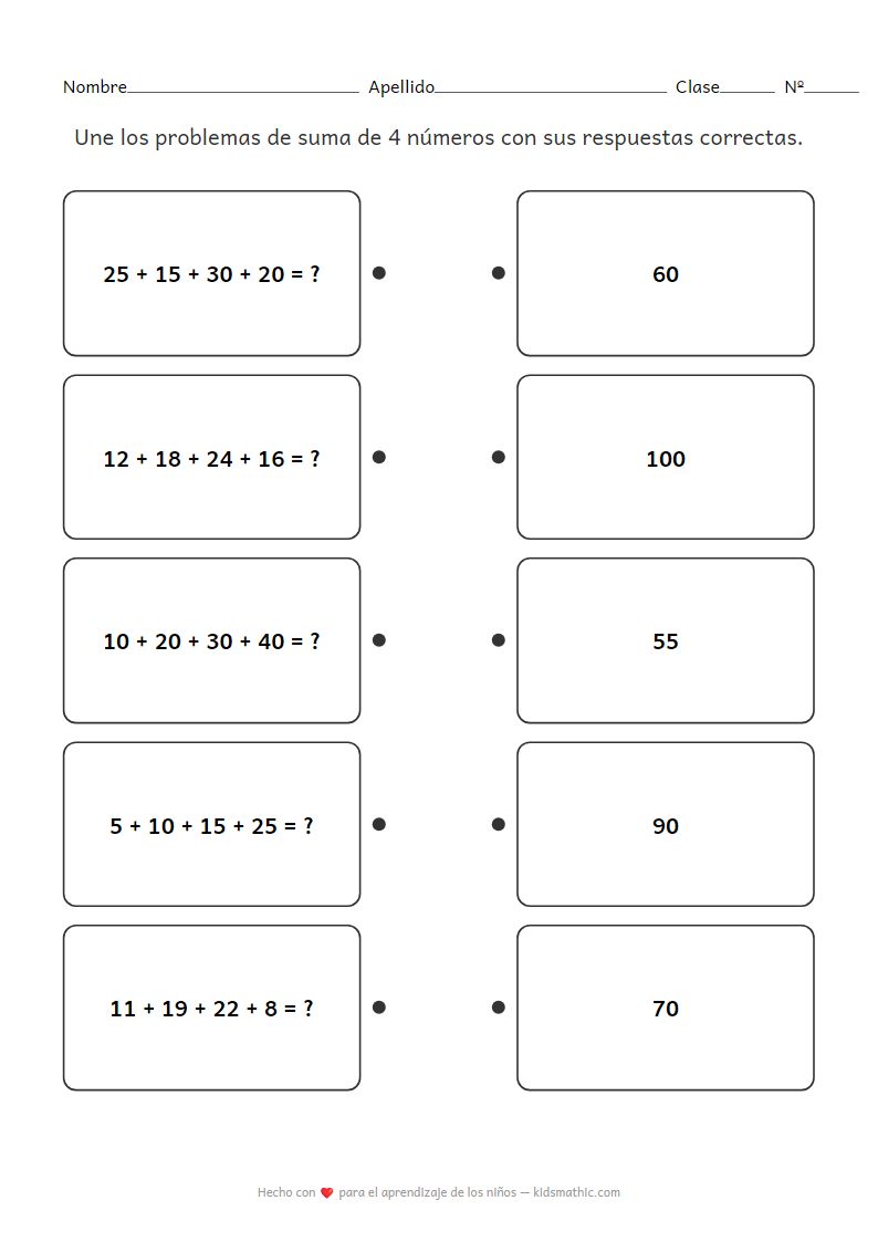 Hoja de trabajo de emparejamiento: Problemas de suma de 4 números con respuestas para preescolares