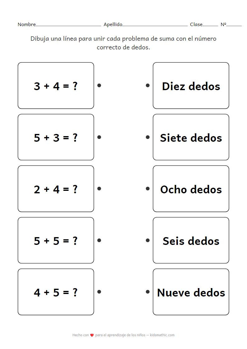 Hoja de trabajo para unir problemas de suma con conteo de dedos para preescolares