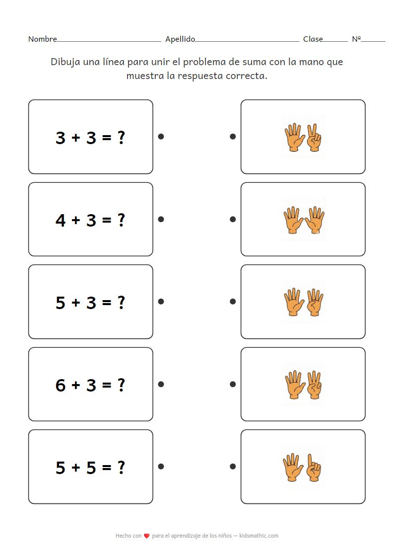 Ficha de Preescolar: Unir Sumas con Dedos Contando
