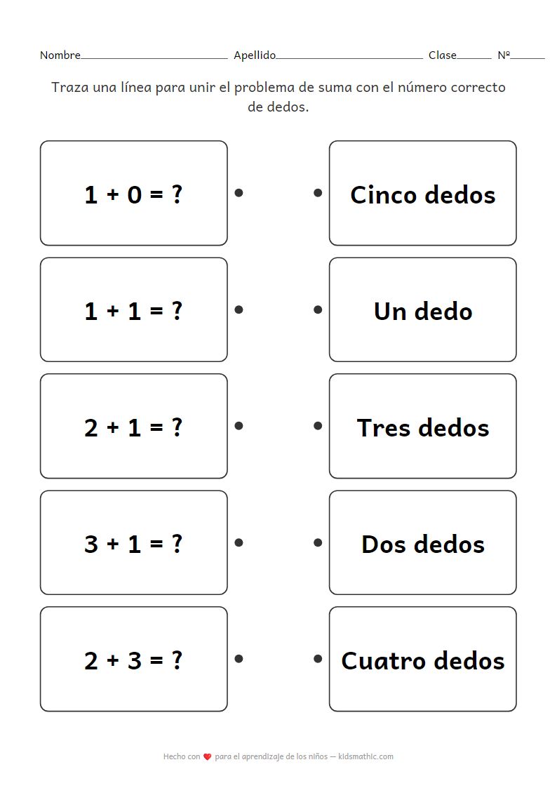 Hoja de trabajo de emparejamiento de sumas con dedos para preescolar