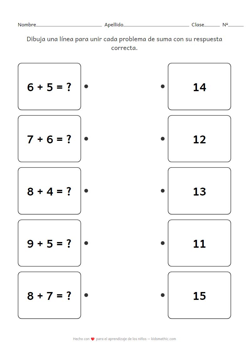 Hoja de Trabajo de Sumas: Empareja Resultados 11-15 para Preescolar