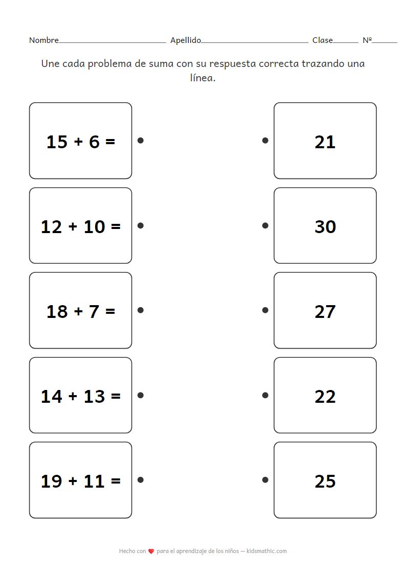 Hoja de Trabajo de Emparejamiento de Sumas para 1er Grado: Resultados 21-30