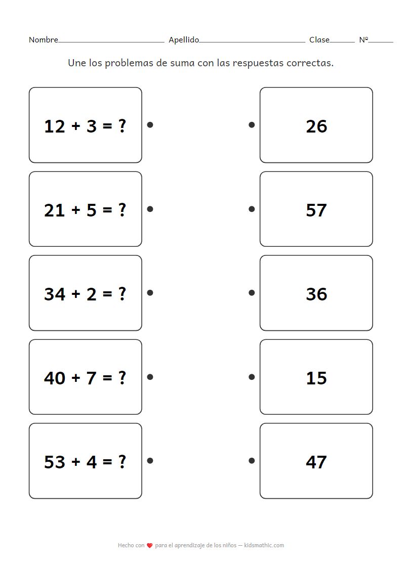 Hoja de trabajo de emparejamiento de sumas: 2 dígitos y 1 dígito para 1er grado