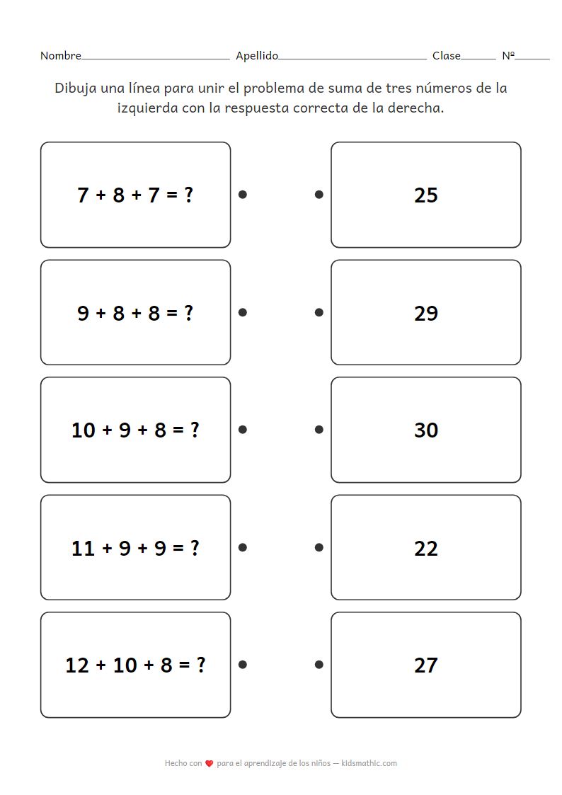 Hoja de Trabajo de Emparejamiento: Problemas de Suma de 3 Números para Niños de 1er Grado