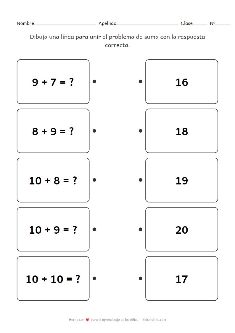Hoja de trabajo de emparejamiento de sumas para Preescolar 3 (Resultados 16-20)