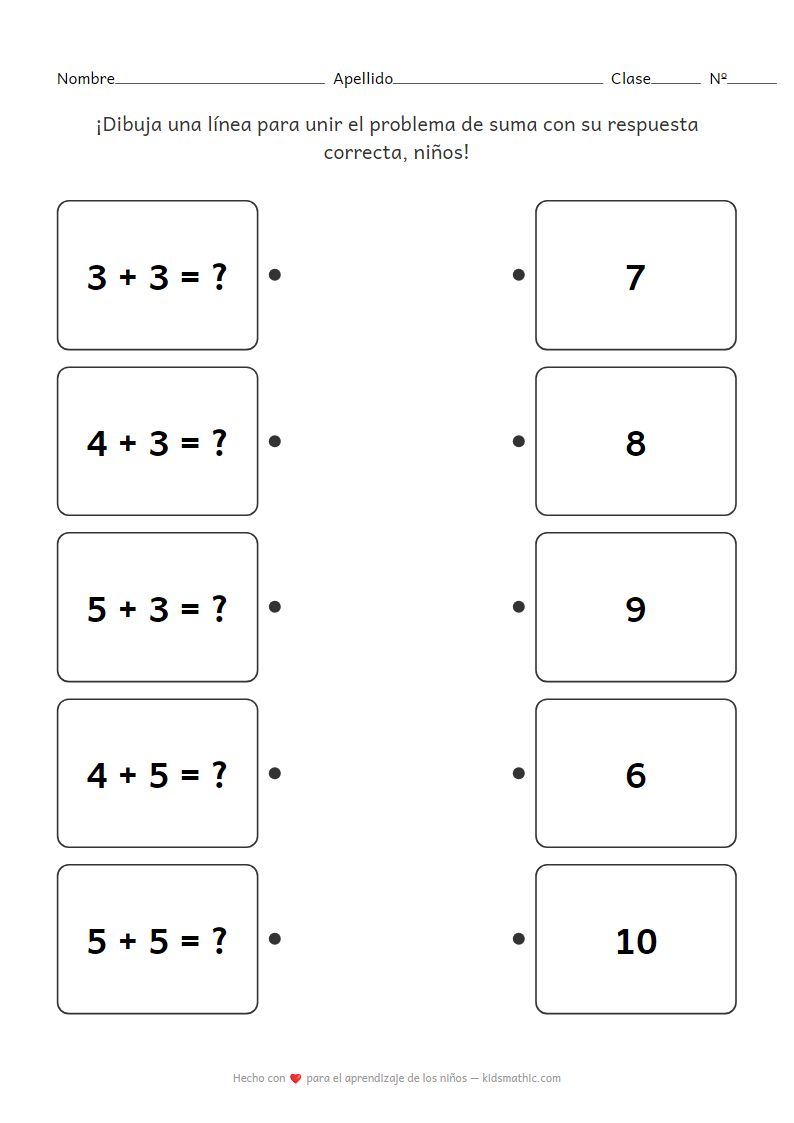 Hoja de trabajo de emparejamiento de sumas para preescolar: resultados 6-10