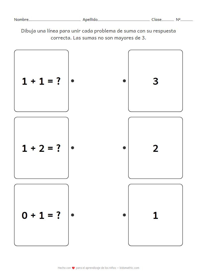Ficha de Sumas para Preescolar: Empareja Problemas con Respuestas (hasta 3)