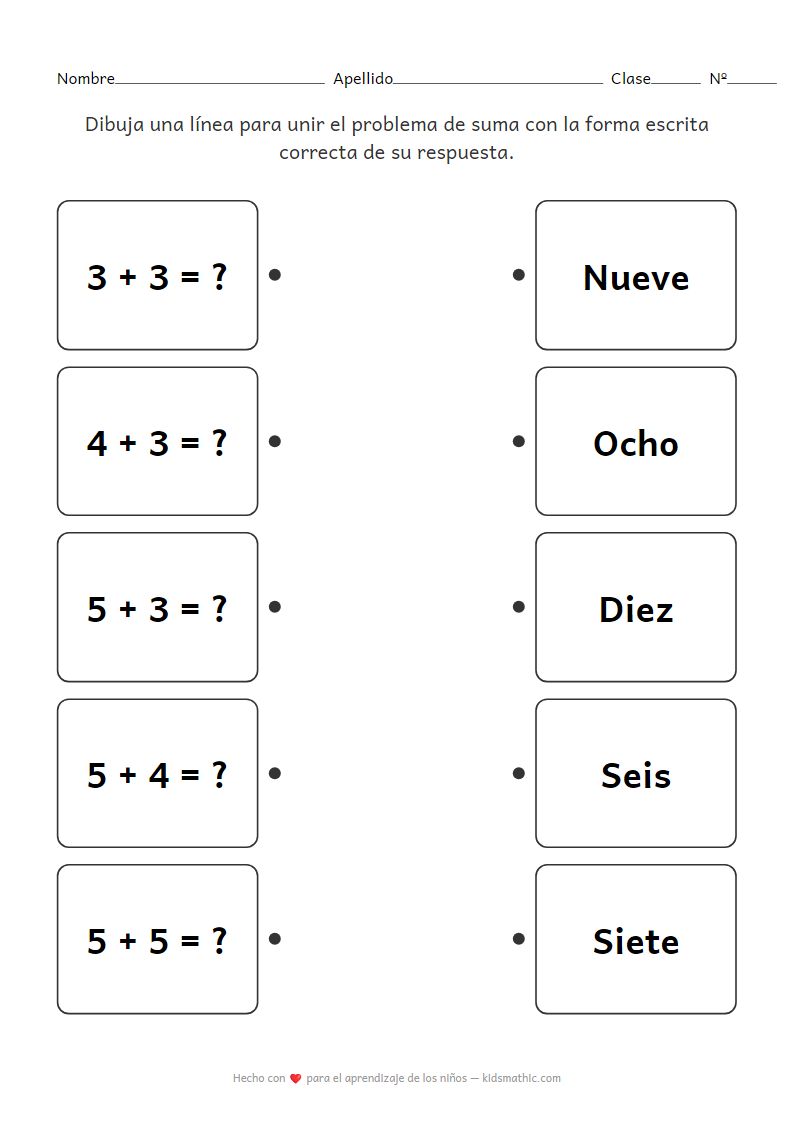 Hoja de trabajo de emparejamiento de problemas de suma y palabras para preescolares