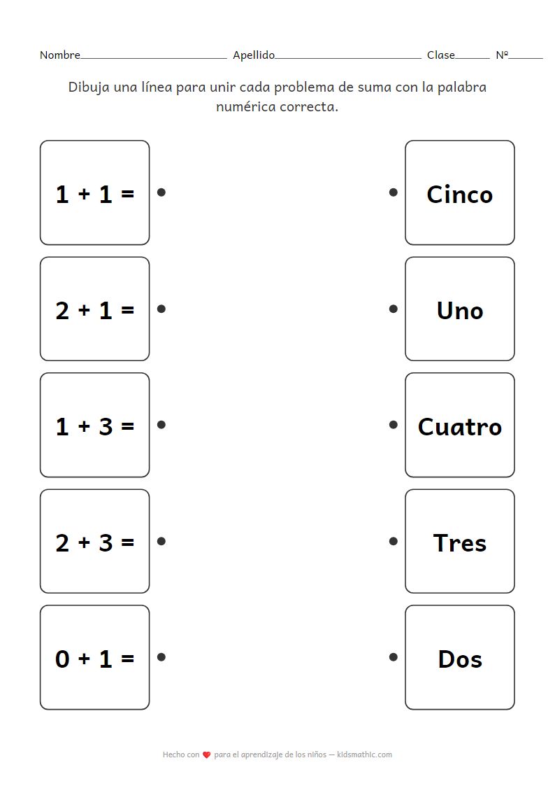 Hoja de trabajo de emparejamiento de problemas de suma con palabras numéricas para preescolares