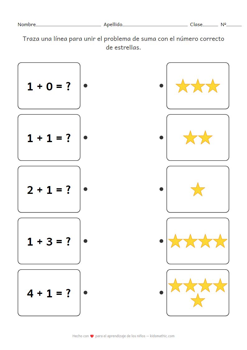 Hoja de Trabajo de Emparejamiento de Sumas con Estrellas para Preescolar