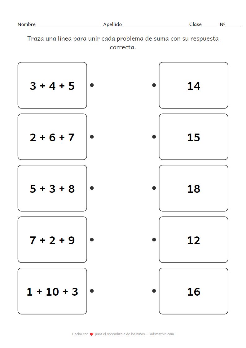 Hoja de Trabajo de Emparejamiento: Suma de Tres Números para Preescolar