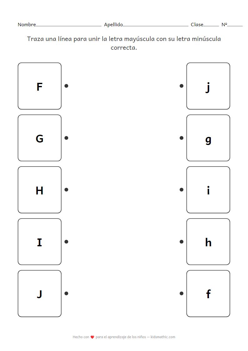Hoja de Trabajo de Emparejamiento de Letras Mayúsculas y Minúsculas F-J para Jardín de Infantes