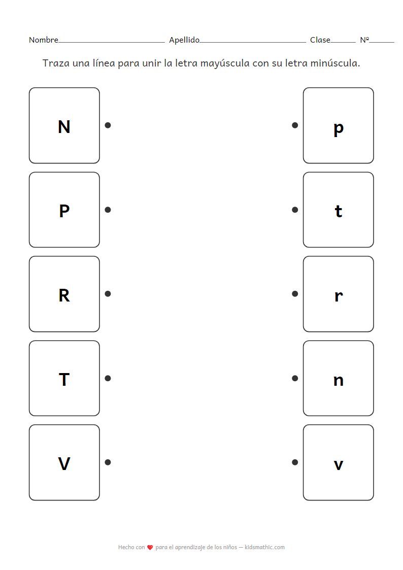 Hoja de Trabajo de Emparejamiento de Letras Mayúsculas y Minúsculas N-V para Preescolares
