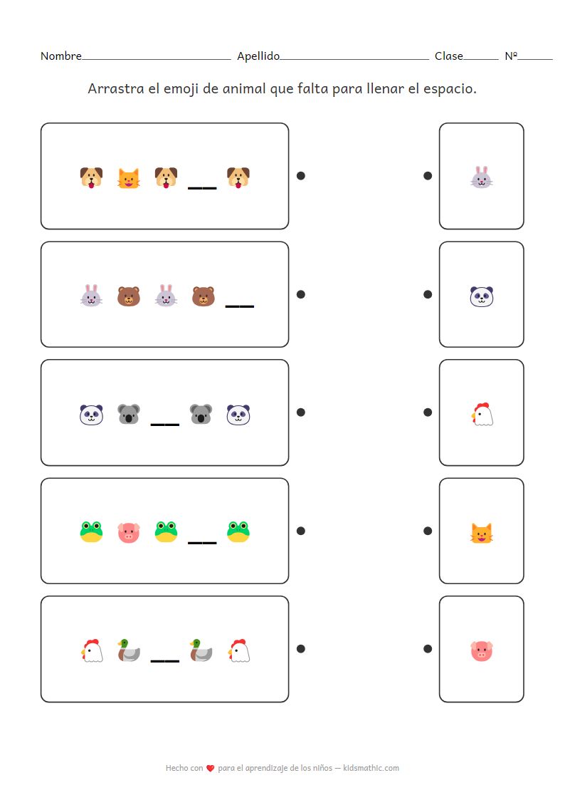 Hoja de Trabajo de Emparejamiento de Patrones AB de Emojis de Animales para Preescolares