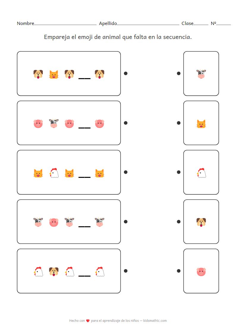 Hoja de Trabajo de Emparejamiento de Patrones AB de Emojis de Animales para Preescolares