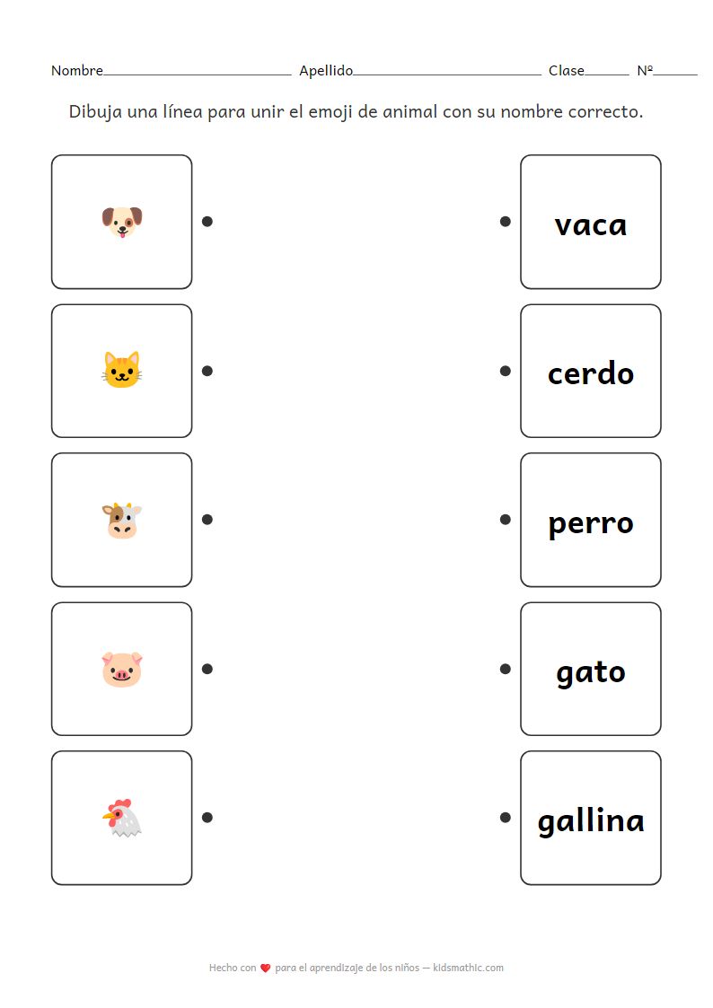 Hoja de trabajo de emparejamiento de emojis de animales para preescolares