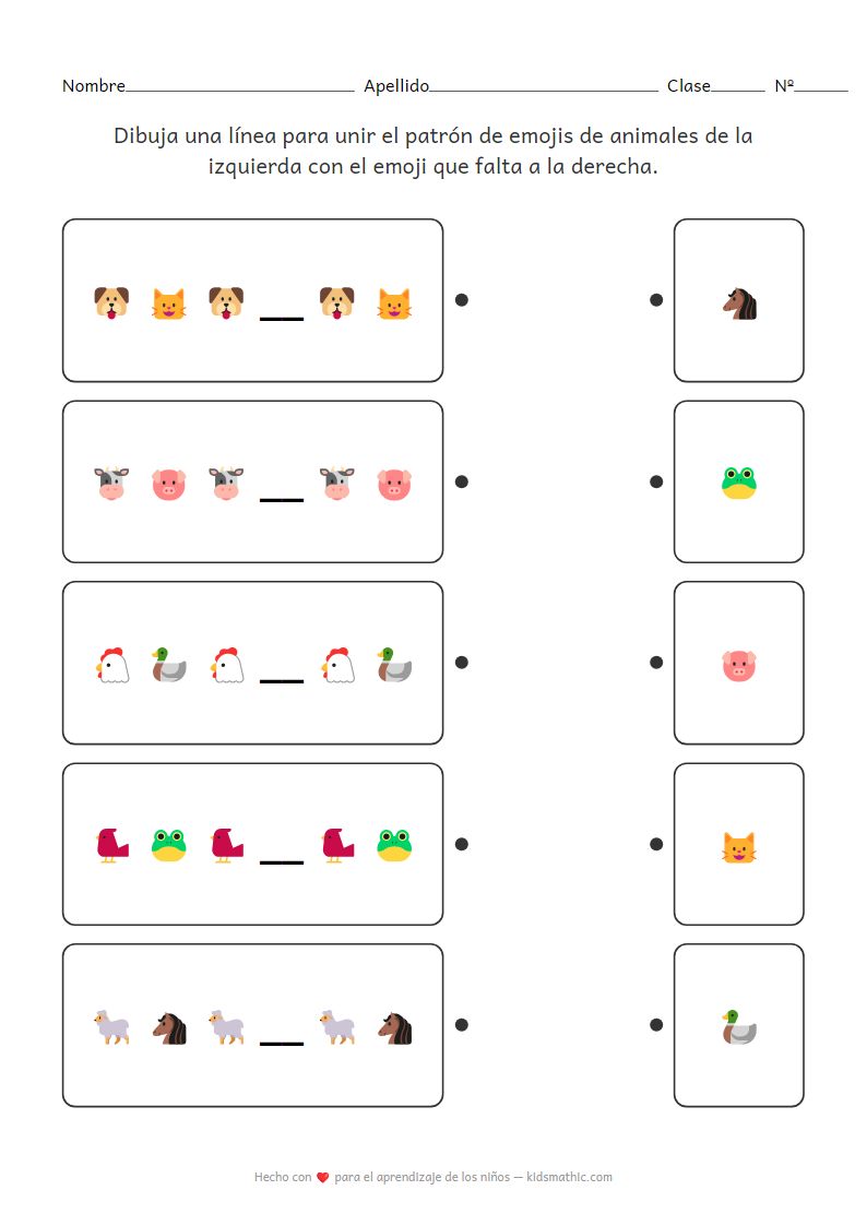 Hoja de trabajo de emparejamiento de patrones de emojis de animales para preescolares