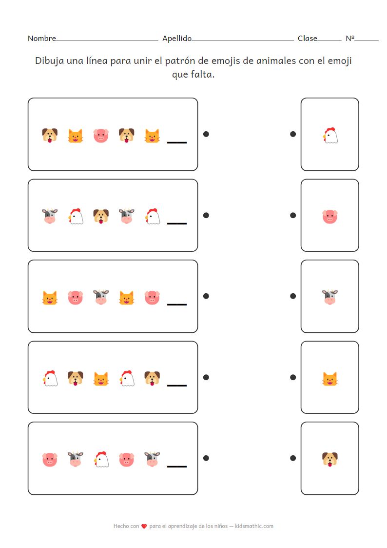 Hoja de trabajo de emparejamiento de patrones de emojis de animales para preescolares