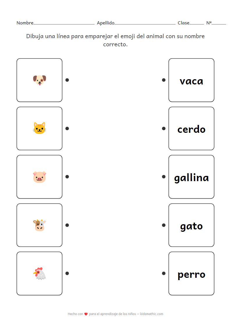 Hoja de trabajo de emparejamiento de emojis de animales para preescolar