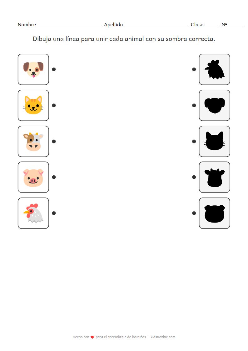 Hoja de trabajo de emparejamiento de sombras de animales para preescolares: Habilidades de observación