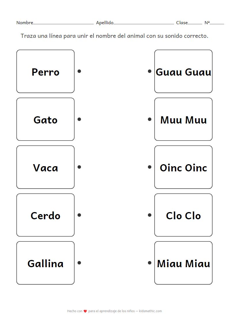 Hoja de trabajo para unir animales y sus sonidos para preescolares