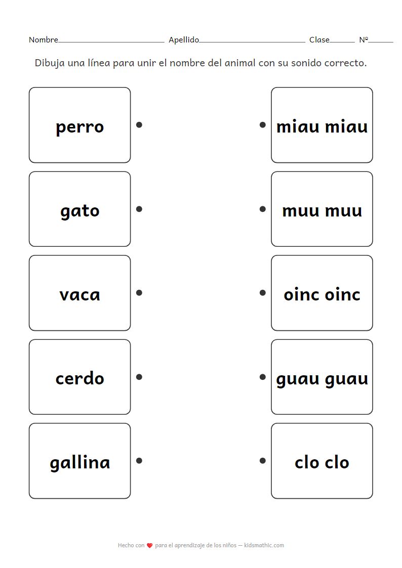 Hoja de trabajo para unir animales y sonidos para niños de preescolar